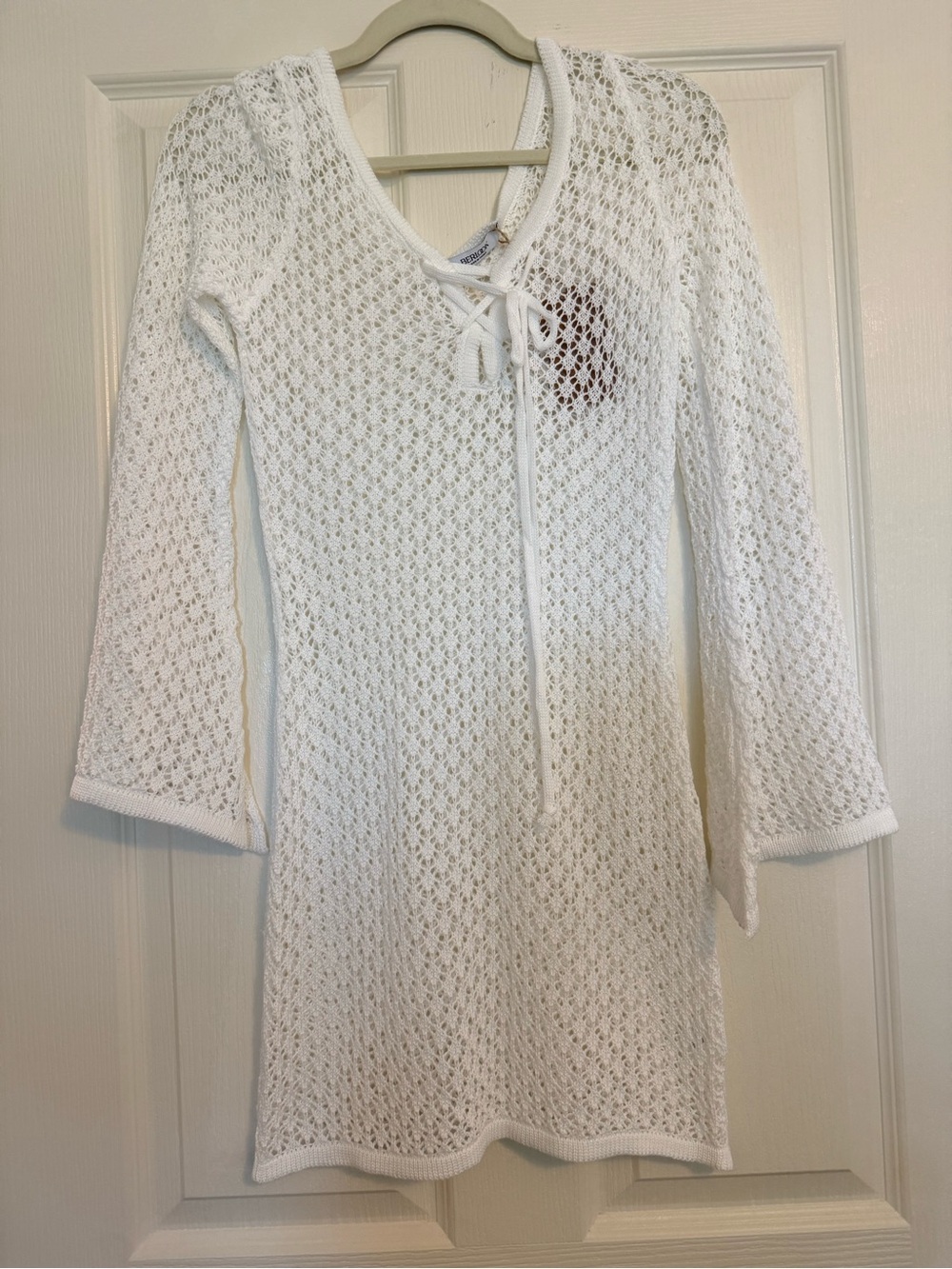 White Crochet Long-Sleeve Tie-Neck Dress